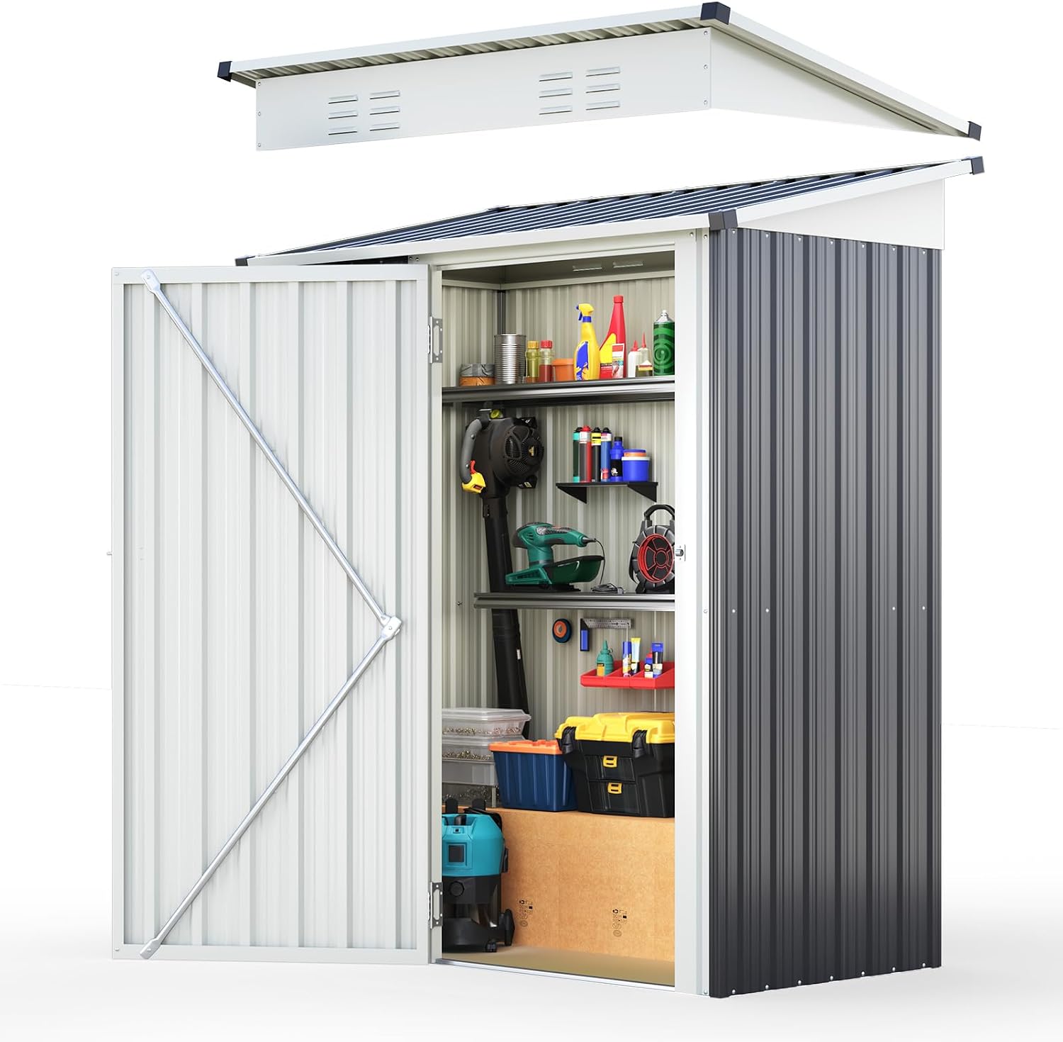 Quictent 5x3 FT Outdoor Storage Shed, Metal Garden Tool Shed with 2-Way Sloping Roof & 28' Wide Lockable Door, Waterproof Galvanized Steel for Backyard Garden Patio Lawn, Dark Gray