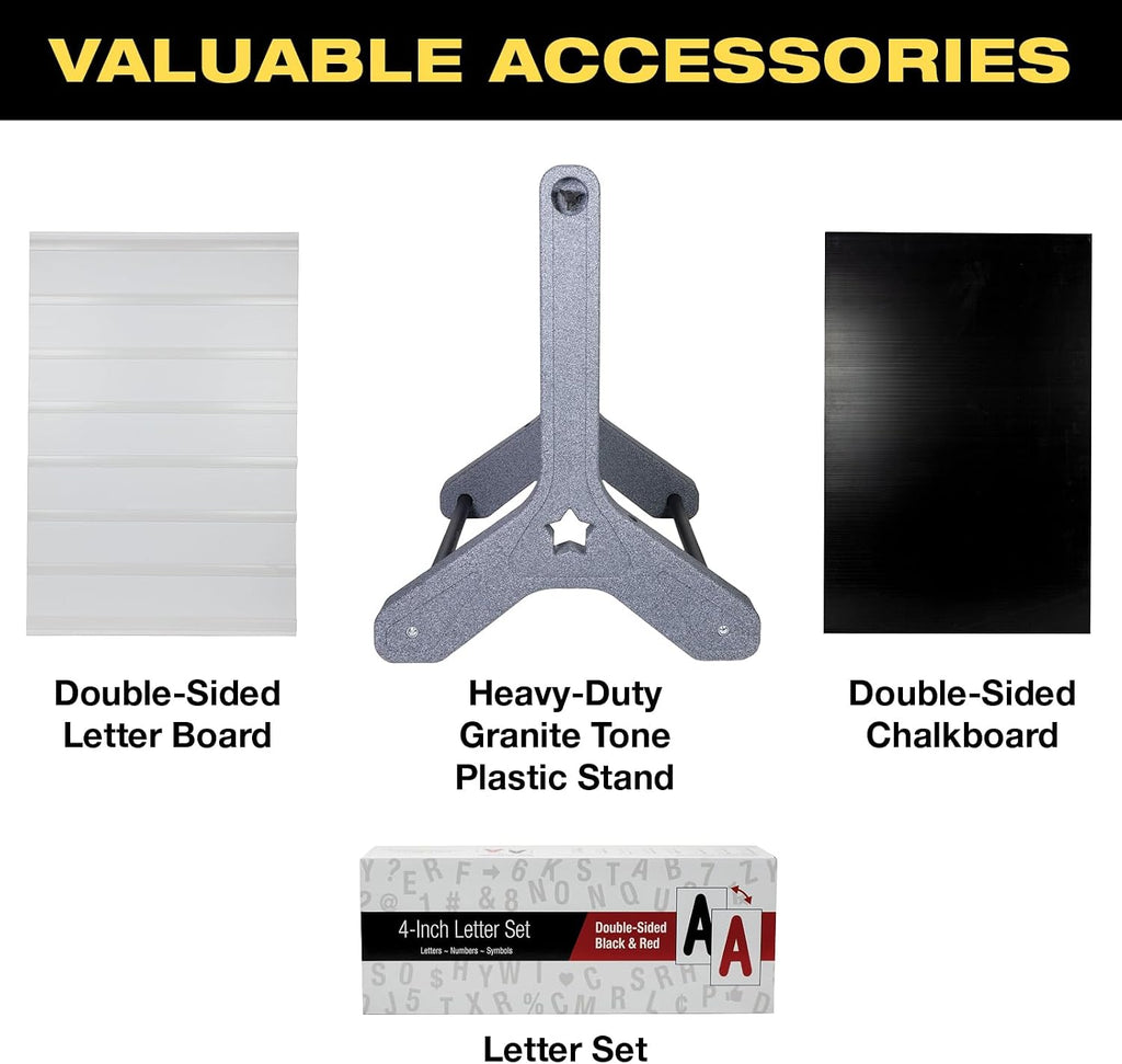 Swinging Changeable Message Sidewalk Sign: 24' x 36' Sign with 792 Pre-Cut Double Sided Letters and Storage Box. Includes Black Board & Letter Board (Granite Color Legs)