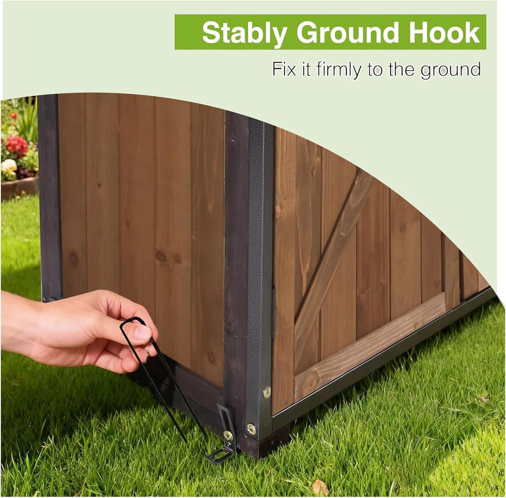 Outdoor Storage Shed with Strong Metal Frame, Garden Shed with Adjustable Shelfs and Waterproof Roof, Wooden Tool House with Floor, for Backyard Garden Patio Lawn, Brown
