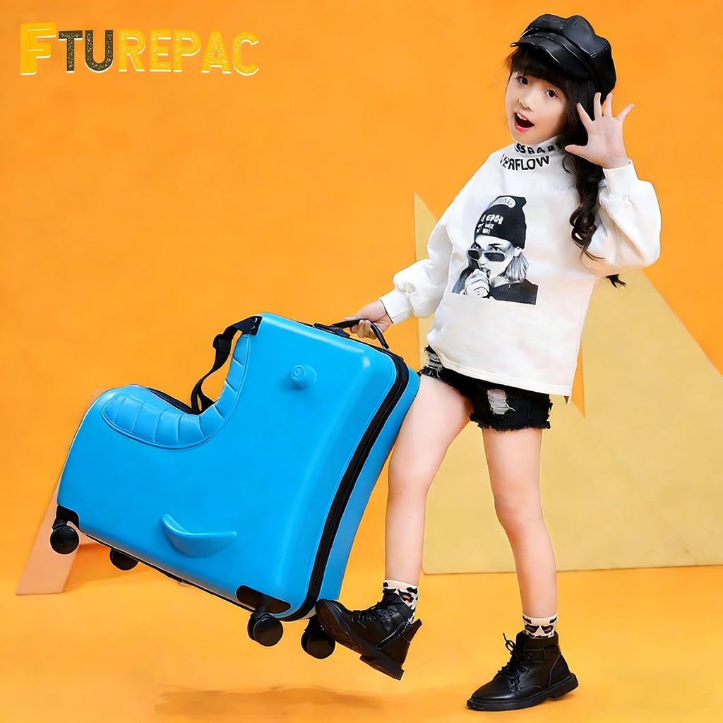 24' Kids Ride On Suitcase with Wheels & Safety Belt, Ride-On Suitcase with DIY Stickers & Combination Lock, Suitcase for Boys & Girls Ages 4-12 Years (Blue)