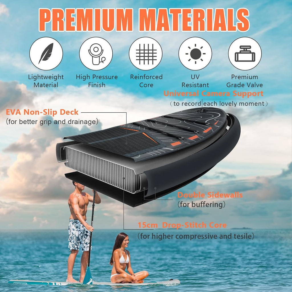 Inflatable Paddle Board, Stand Up Paddleboard with SUP Camera Seat, Wide Stance, Blow Up Paddle Board, ISUP Backpack, Pump, 3 Fins, 17.4lbs Ultra-Light Paddle Boards for Adults & Youth
