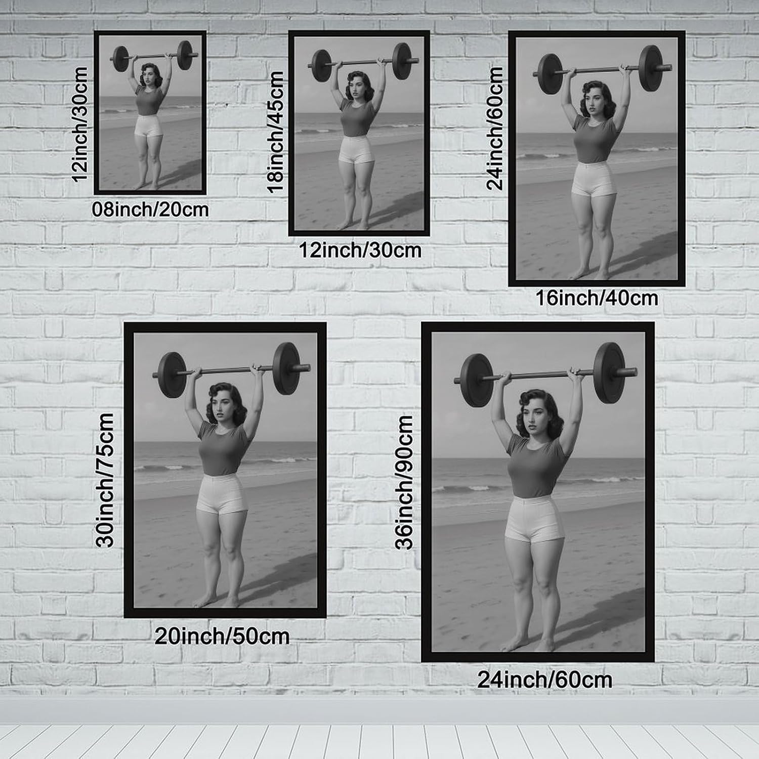 Vintage Woman Weightlifting, Woman Bodybuilder , Black And White , Beach Fitness Art Poster Canvas Poster Wall Art Decor Print Picture Paintings for Living Room Bedroom Decoration Black Frame 24x36in(