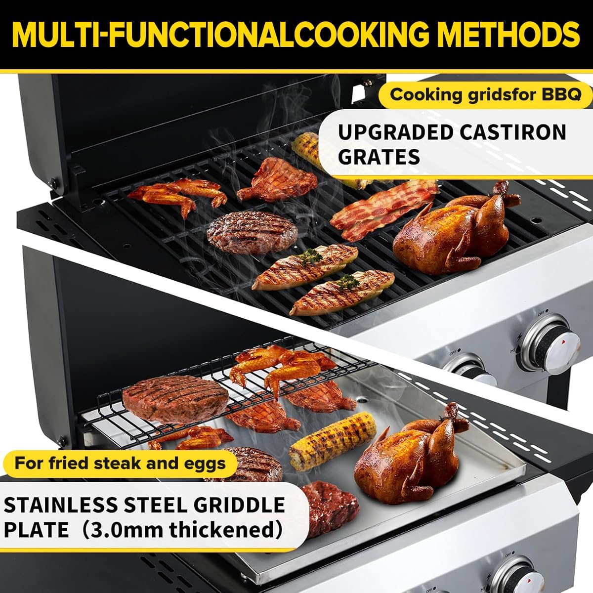 CIG GARDEN 3-Burner Propane Flat Top Grill, 31,500 BTU Stainless Steel Griddle for Outdoor BBQ - Patio, Backyard & Camping Gas Grill