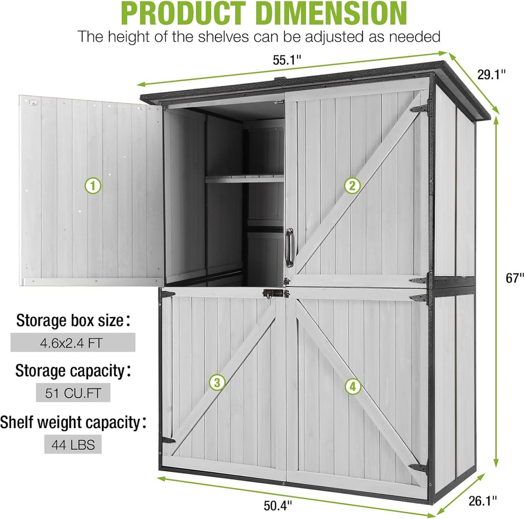 Outdoor Storage Shed, 4.6 x 2.42FT Wooden Garden Sheds Cabinet with All Around Strong Metal Frame, Waterproof Tool Shed with Adjustable Shelves and Removable Floor (White)