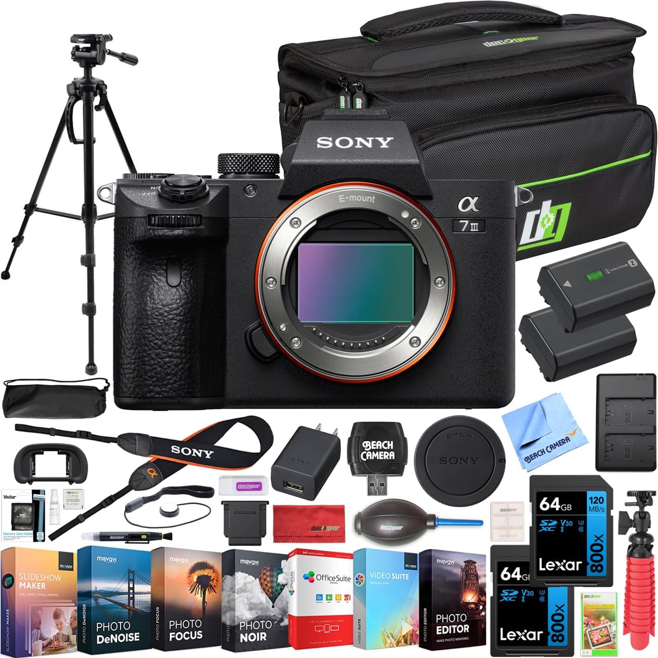 Sony a7 III Full Frame Mirrorless Interchangeable Lens 4K HDR Camera | Official Sony USA Partner Model | ILCE-7M3 Body Bundle with Deco Gear Travel Bag, 2X 64GB Memory Cards, Software & Accessories
