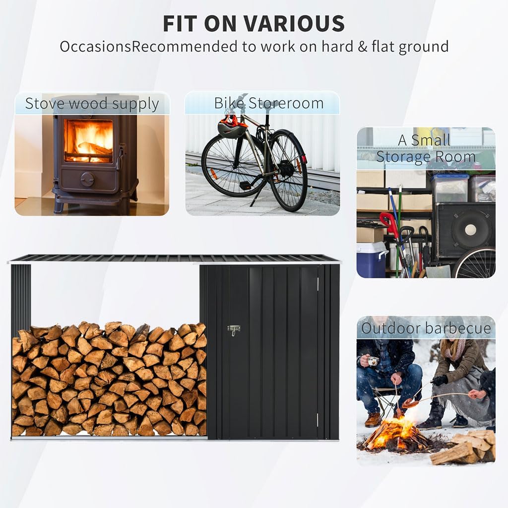 2-in-1 Outdoor Garden Storage Shed with Firewood Rack, Heavy Duty Galvanized Steel Tool Shed with Sloped Roof, Weather-Resistant Backyard Storage for Tools, Equipment & Firewood