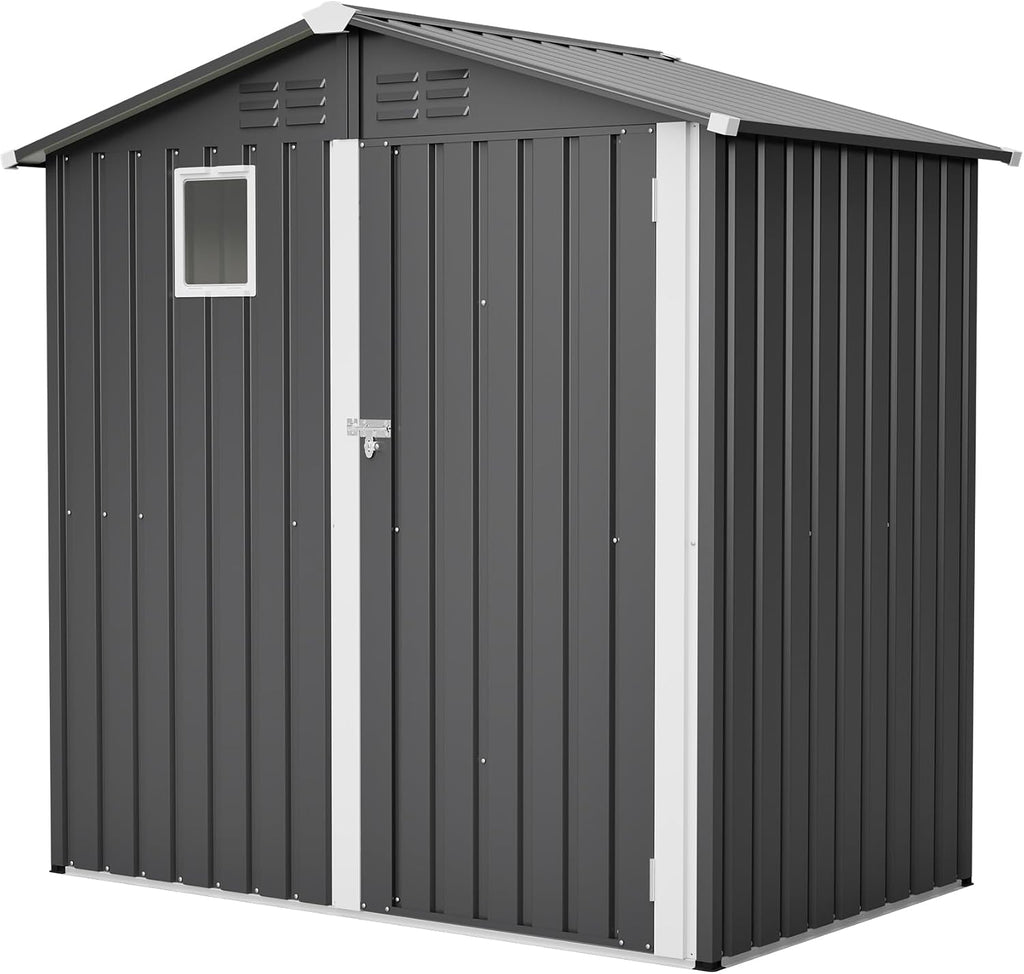 6x4ft Tool Storage Shed with Lockable Doors & Window, Metal Garden Tool Shed with Sloped Roof, Steel Outdoor Storage Shed for Garden, Patio, Garage, Backyard, Lawn - Dark Gray