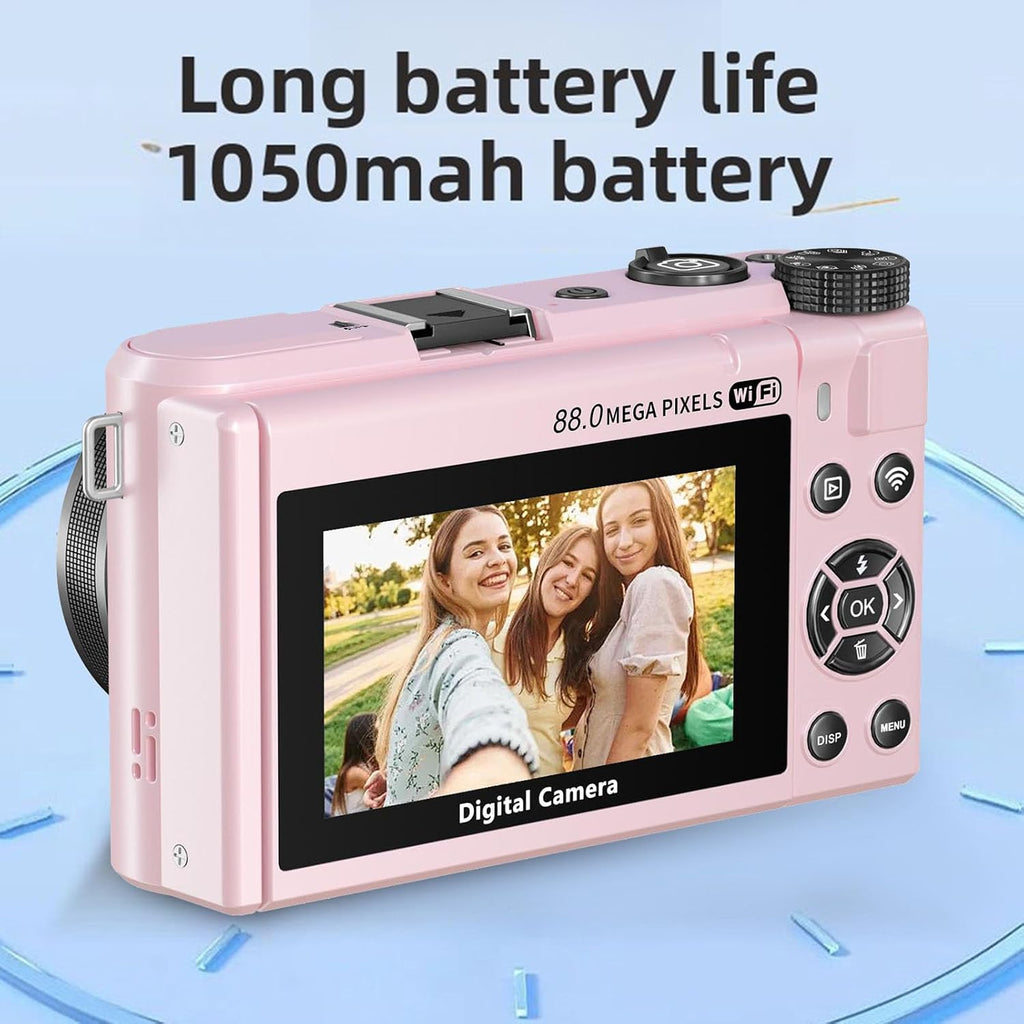 PUSOKEI 8K Digital Camera for Photography, 88MP Vlogging Camera with 3' 180 Flip Screen, 18X Zoom, Autofocus, Wide Angle Lens, WiFi Mirrorless Cameras with 32GB Card, 2 Batteries (Pink)