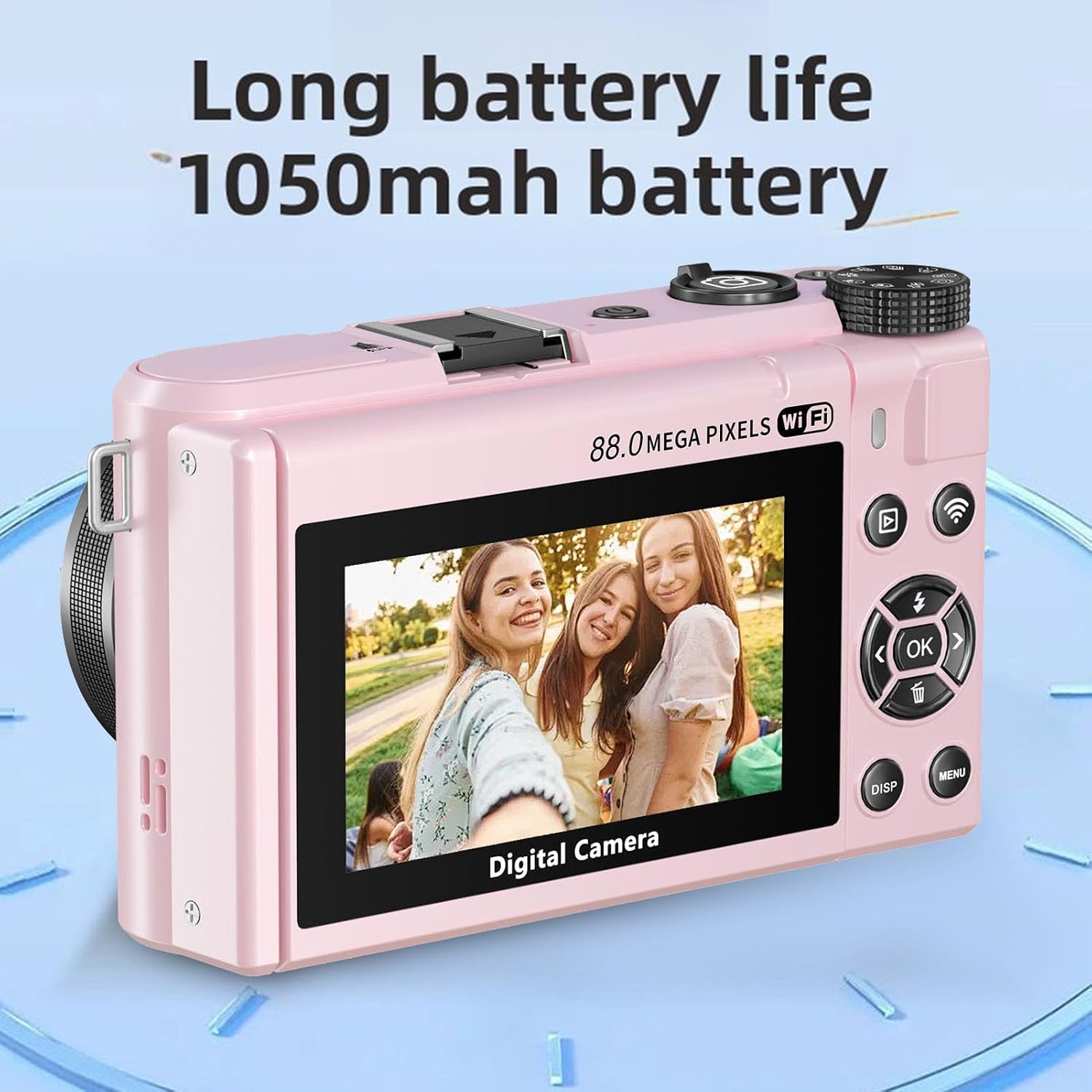 PUSOKEI 8K Digital Camera for Photography, 88MP Vlogging Camera with 3' 180 Flip Screen, 18X Zoom, Autofocus, Wide Angle Lens, WiFi Mirrorless Cameras with 32GB Card, 2 Batteries (Pink)