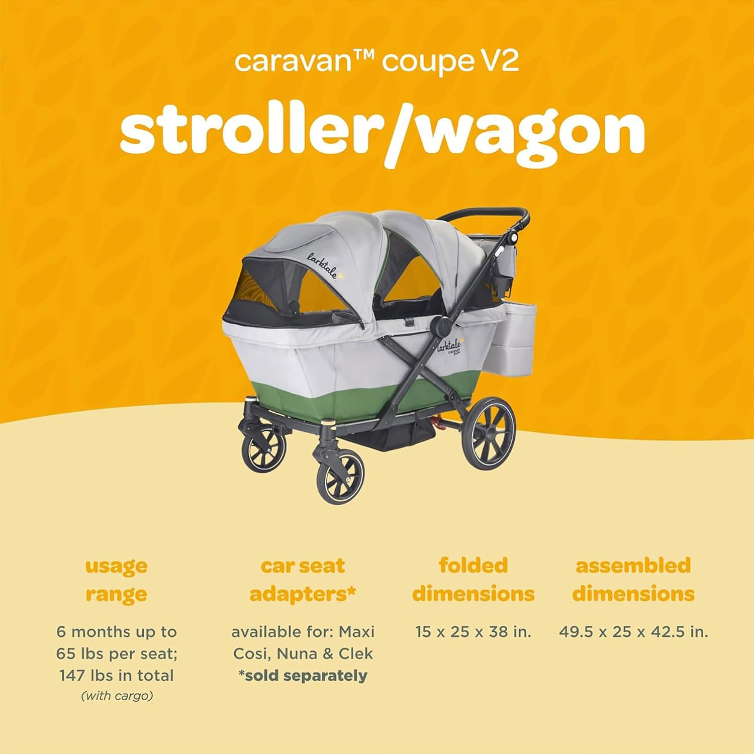 Larktale Caravan Coupe V2, Compact Stroller Wagon with Reclining Seats for 2 Kids, Gray/Green