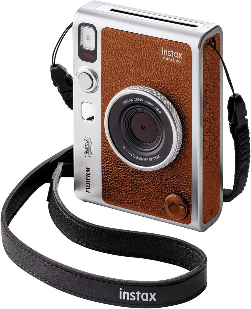 FUJIFILM INSTAX Mini EVO Hybrid Instant Camera + Fuji Instax Film 20 Sheet + Custom Case & Album 32GB Accessory Bundle (Brown)