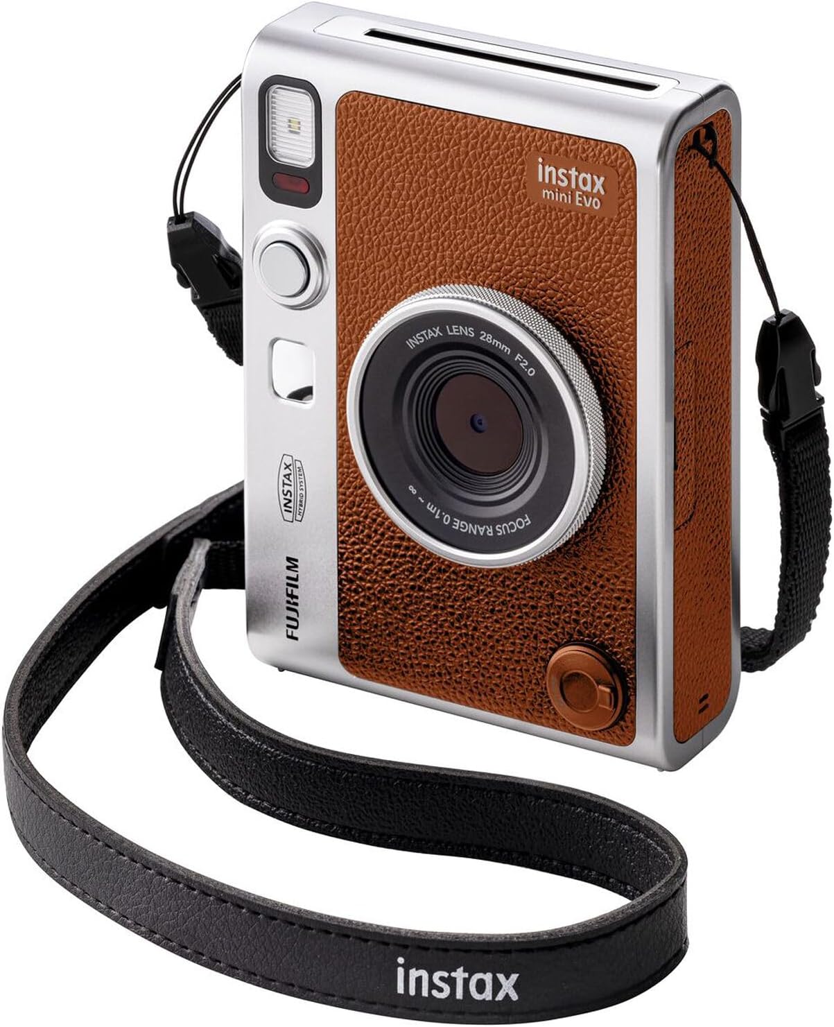 FUJIFILM INSTAX Mini EVO Hybrid Instant Camera + Fuji Instax Film 20 Sheet + Custom Case & Album 32GB Accessory Bundle (Brown)