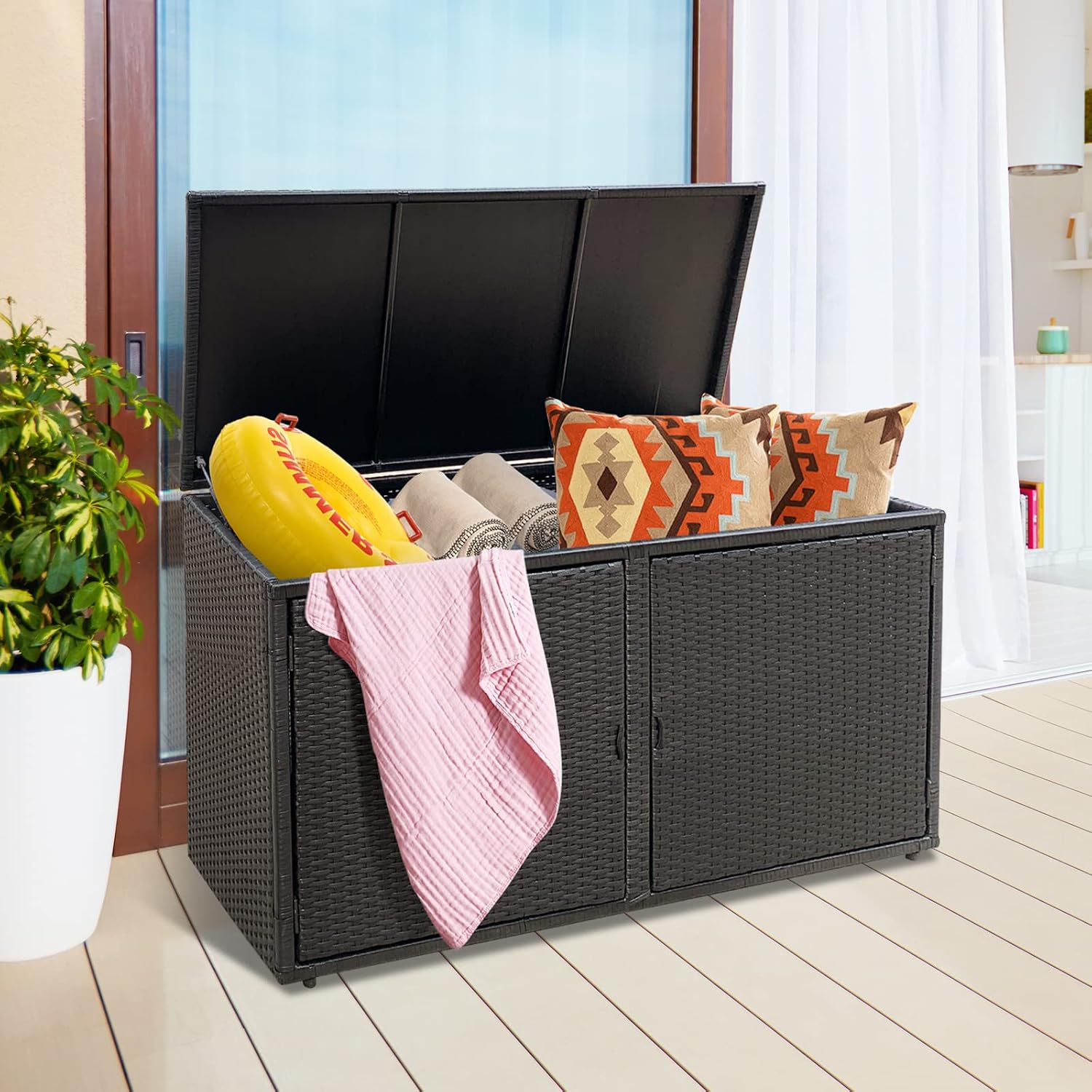Giantex Rattan Deck Box Outdoor&Indoor 88 Gallon Wicker Storage Bench W/Separate Storage Shelf, Openable Door, Steel Fram, Tools Storage for Patio,Garden, Balcony, Porch, Yard Storage Box (Black)