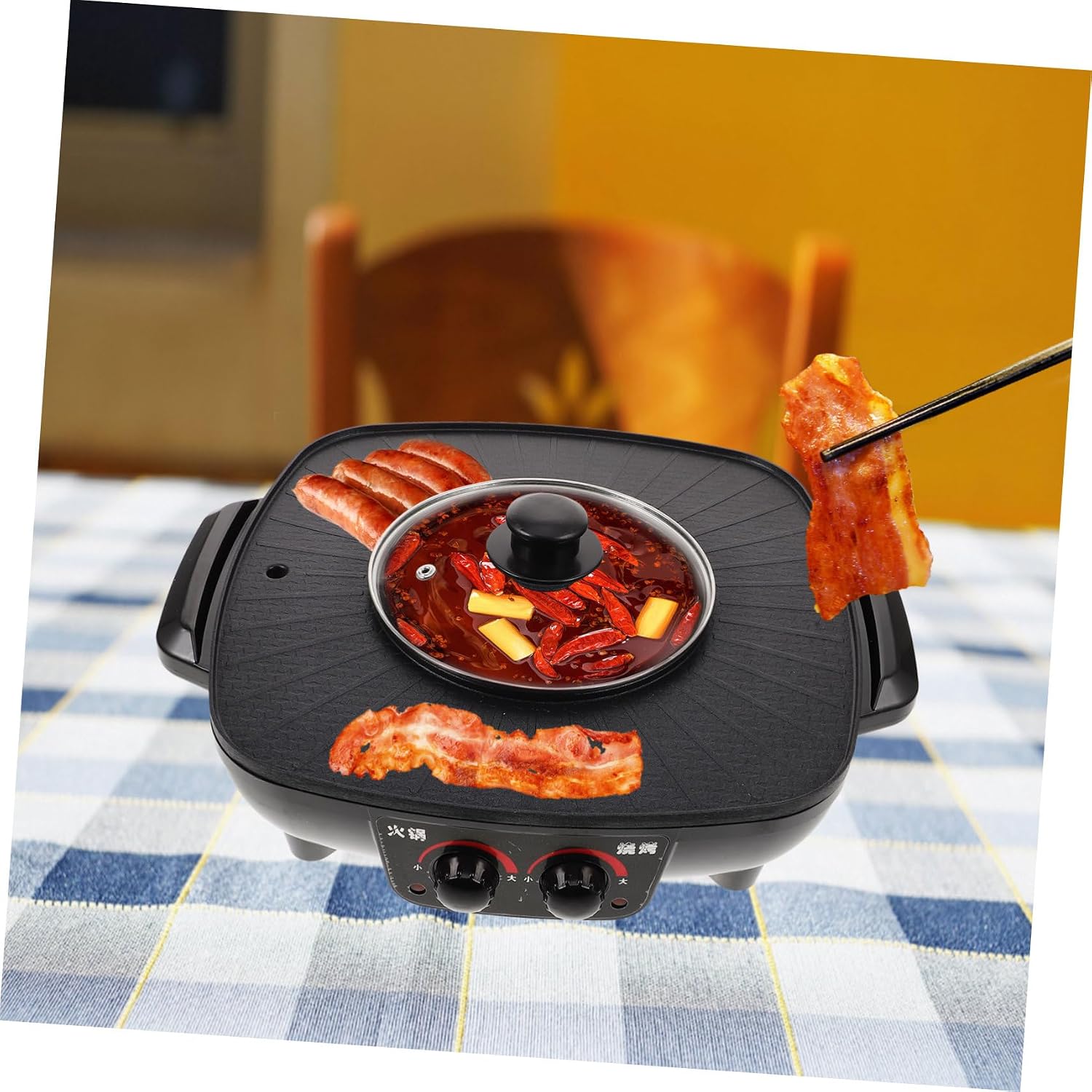 PRETYZOOM Electric Grill Cooker Hot Pot Divider Bbq Machine Smokeless Hot Pot Indoor Electric Grill Non-stick Coating Sturdy Lid