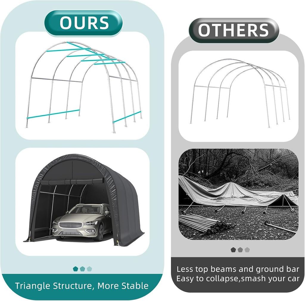 EROMMY Carport 10 x15 FT Heavy Duty, Portable Garage with All-Steel Metal Frame and Round Style Roof, Anti-Snow Car Canopy Outdoor Storage Shelter for Car, Truck, Boat
