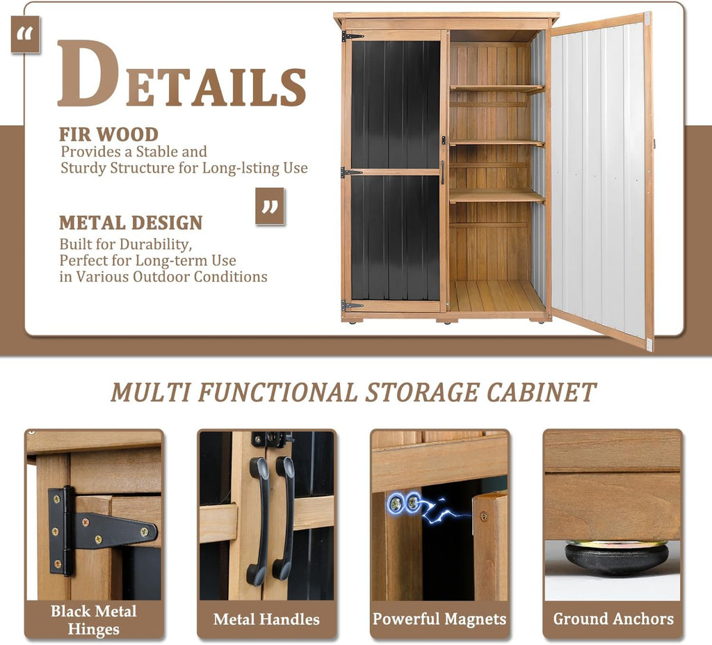 46' L Outdoor Storage Cabinet with Shelves, Wood & Metal Storage Shed with Waterproof Roof, Outside Storage Cabinet Weather-Resistant for Garage Patio Backyard Garden