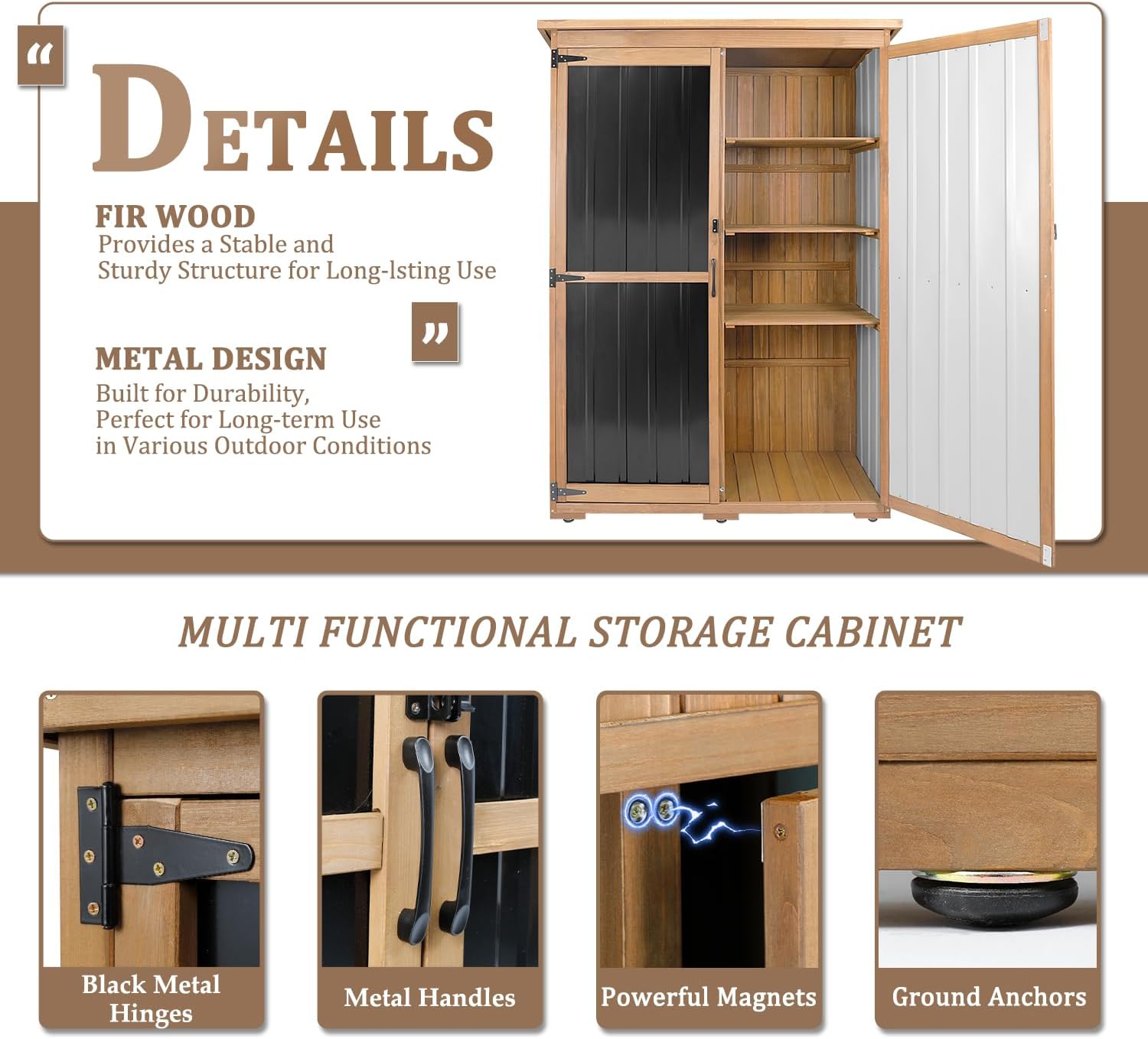 46' L Outdoor Storage Cabinet with Shelves, Wood & Metal Storage Shed with Waterproof Roof, Outside Storage Cabinet Weather-Resistant for Garage Patio Backyard Garden