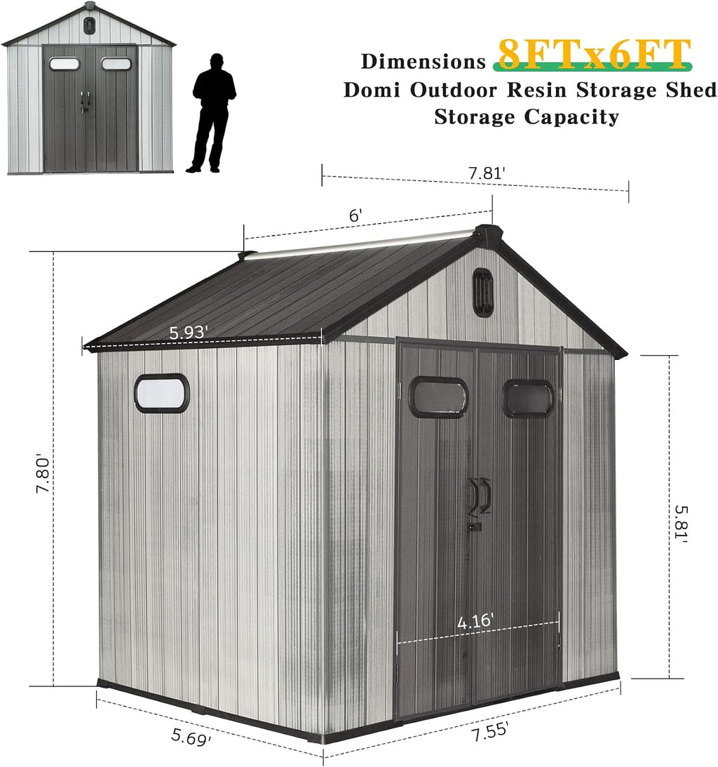 Domi 8x6FT Resin Outdoor Storage Shed with Lockable Door, Waterproof Outside Sheds with Windows & Vents, Heavy-Duty Plastic Tool Storage Shed for Patio Furniture, Lawn Mower, Bike