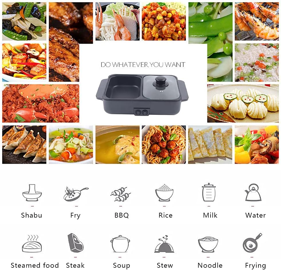 Hot Pot Electric with Grill, 2 in1 Indoor Non-Stick Shabu Shabu Pot & Frying Pan, Portable Mini Hot Pot Korean BBQ w/Individual Dual Temperature Control, 1-3 People