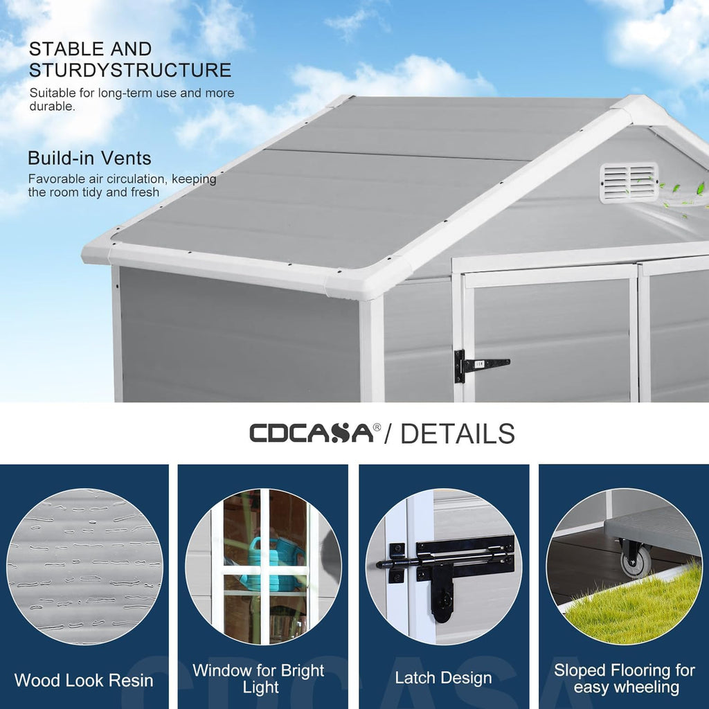 CDCASA 6x3 FT Resin Storage Shed, Waterproof Outdoor Shed with Floor & Window & Lockable Door Included, Outside Plastic Tool Sheds for Garden, Patio, Backyard, Light Gray