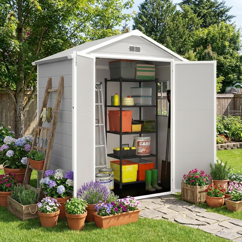 HUGROVE 6×4ft Outdoor Storage Shed with Floor, Waterproof & UV-Resistant Resin Garden Shed for Backyard with Lockable Double Doors, Air Vents & Side Window (Light Gray)