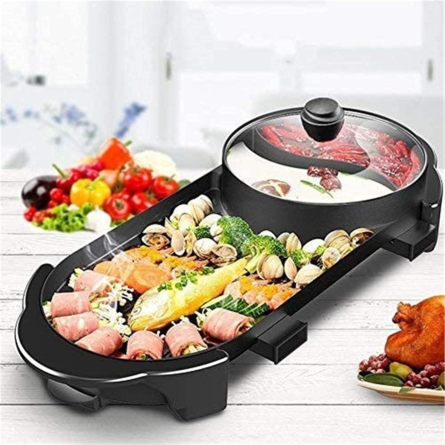 Indoor Korean Barbecue Grill Portable Electric Grill, BBQ Hot Pot Double Pot, One-piece Electric Cooker, Electric Hot Pot Electric Barbecue Electric Baking Pan, Barbecue grills (Size : Medium)
