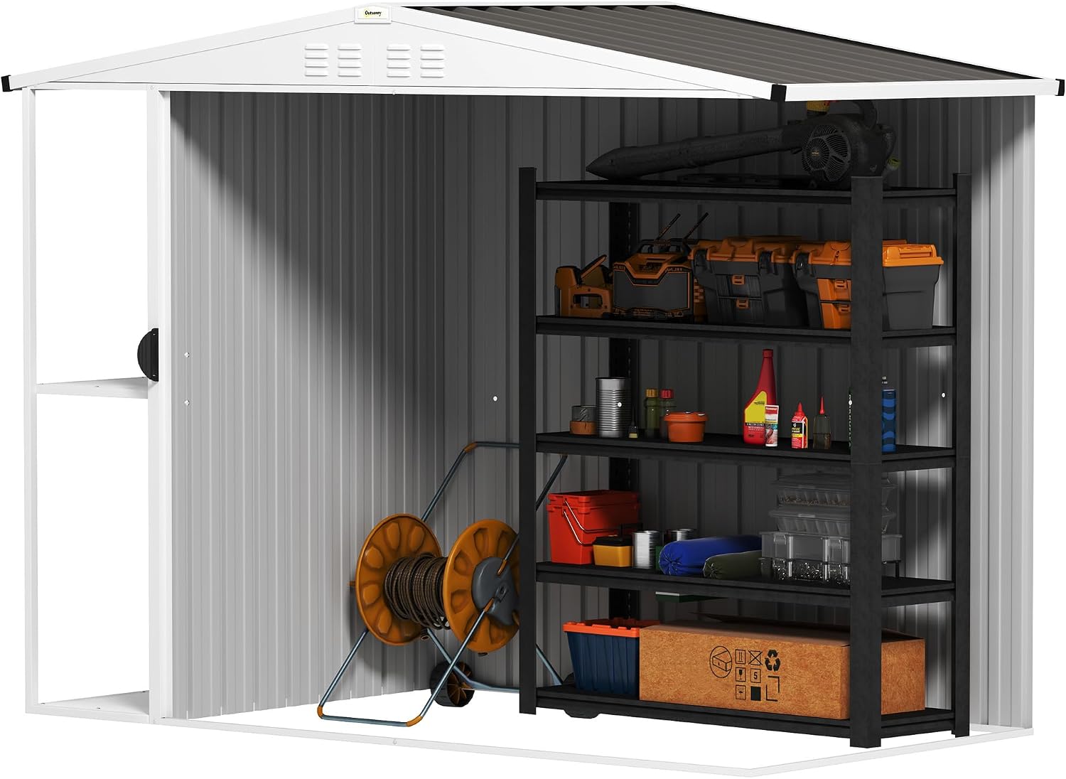 Outsunny 8 x 4ft Outdoor Storage Shed with Lock, 2-Tier Storage Rack, Air Vents, Garden Tool Shed for Backyard, Patio, Lawn, Warm Gray