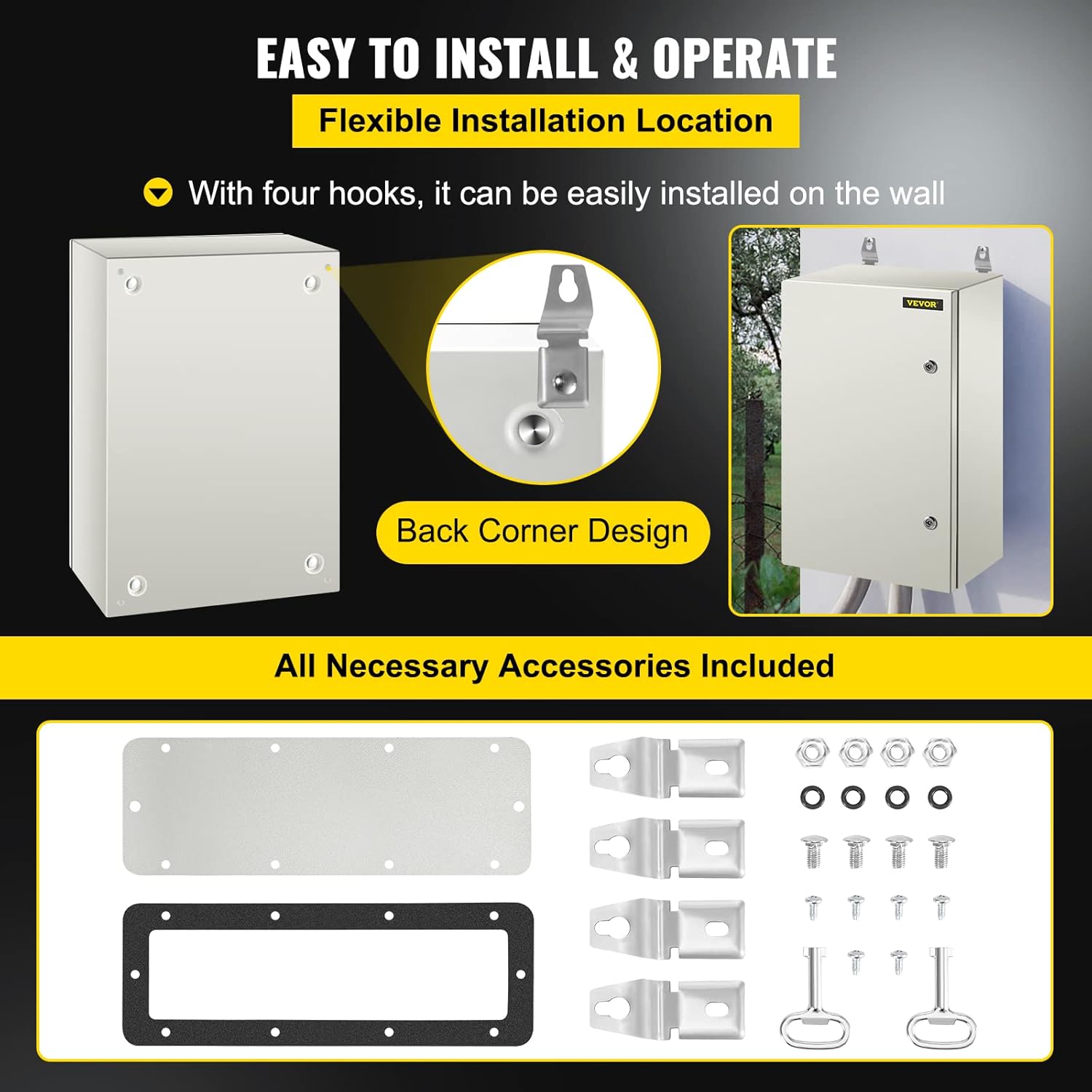 VEVOR NEMA Steel Enclosure, 24 x 16 x 10'' NEMA 4X Steel Electrical Box, IP66 Waterproof & Dustproof, Outdoor/Indoor Electrical Junction Box, with Mounting Plate