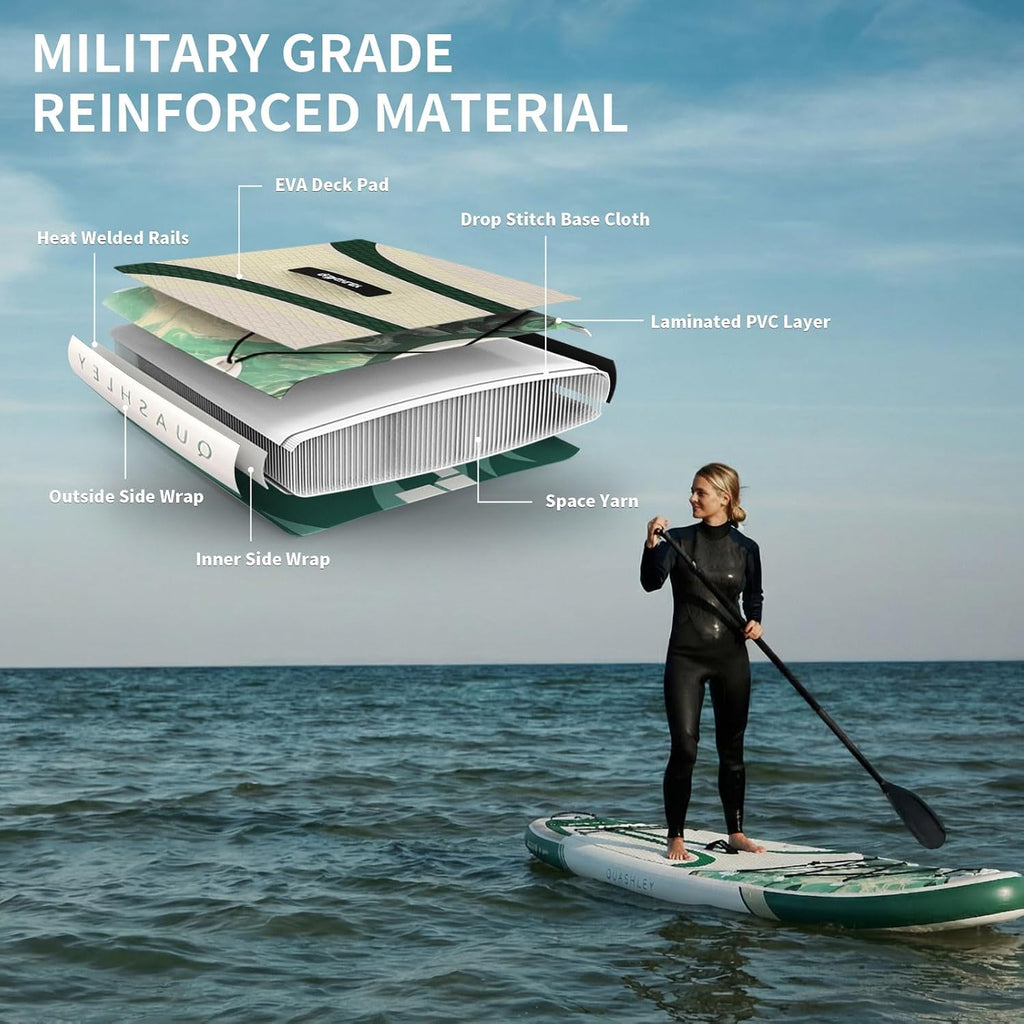 Quashley Inflatable Paddle Board Extra Wide Stand Up Paddleboards 11'×34' with All Premium Paddle Board Accessories,Inflatable SUP for Adults/Family,Beginner-Friendly,Removable Fin,Hand Pump