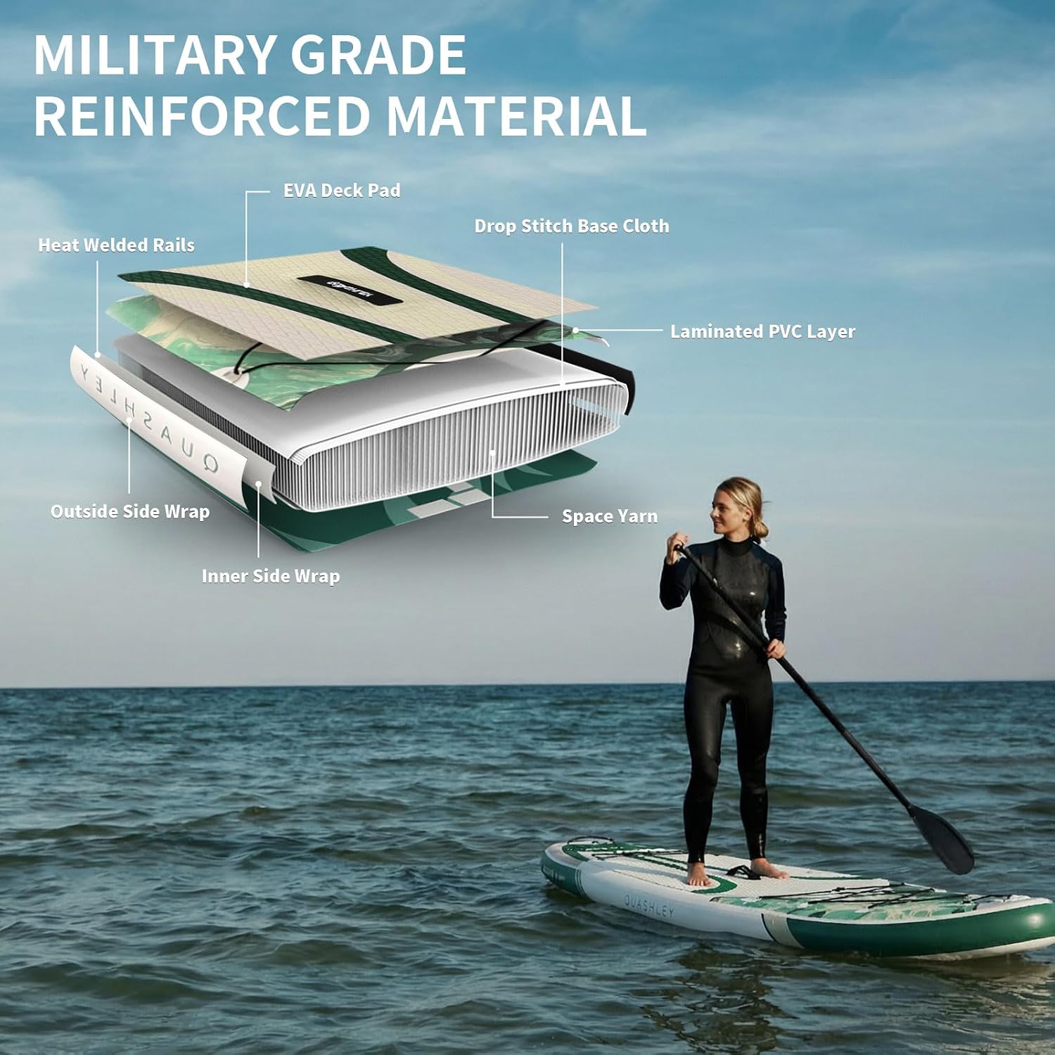Quashley Inflatable Paddle Board Extra Wide Stand Up Paddleboards 11'×34' with All Premium Paddle Board Accessories,Inflatable SUP for Adults/Family,Beginner-Friendly,Removable Fin,Hand Pump