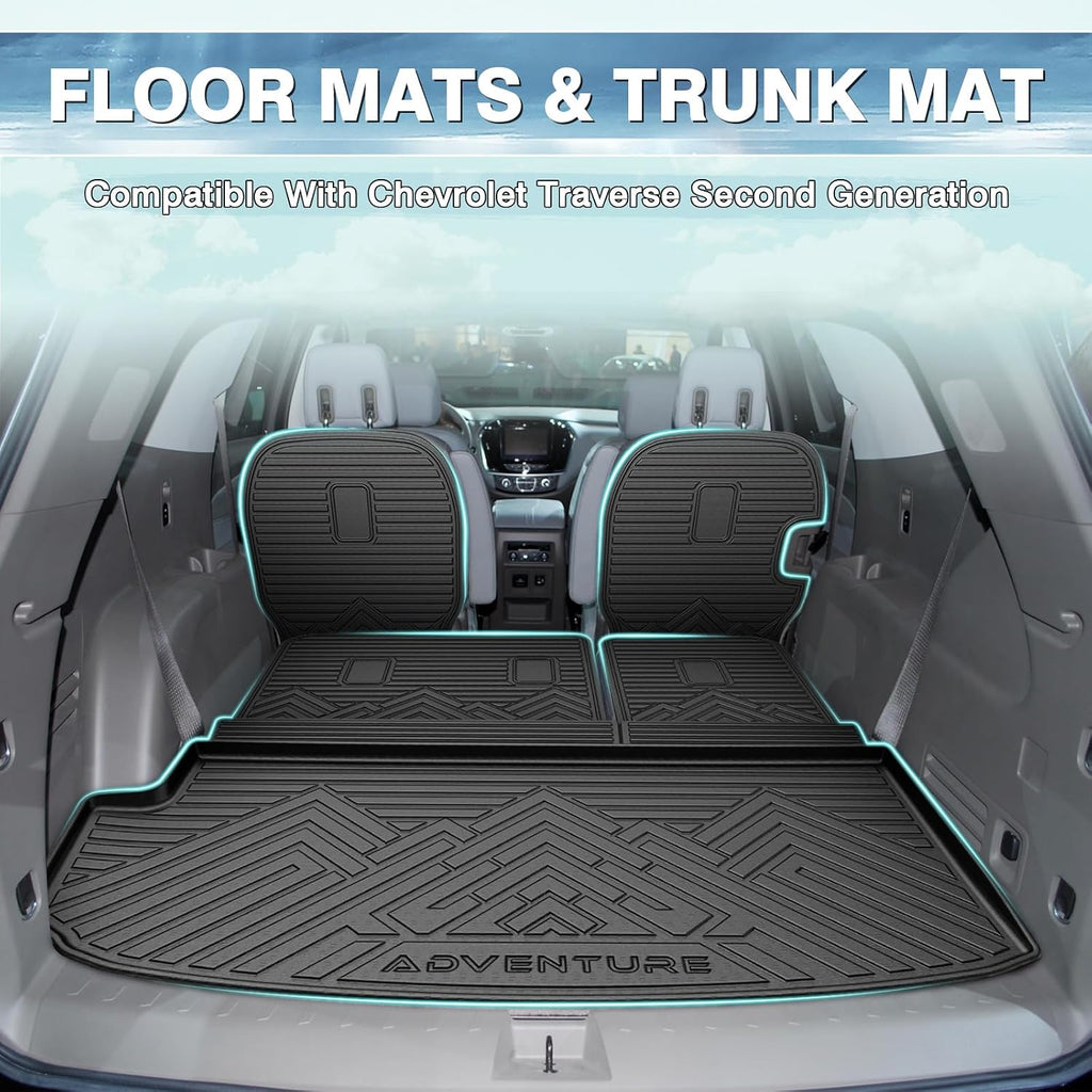 Mixsuper Floor Mats for Chevy Traverse 2018-2023/ Traverse Limited 2024, Cargo Mat Backrest Mats for Traverse (7 Seats), All Weather 2 Row Floor Liners and Trunk Mat Accessories Set Black