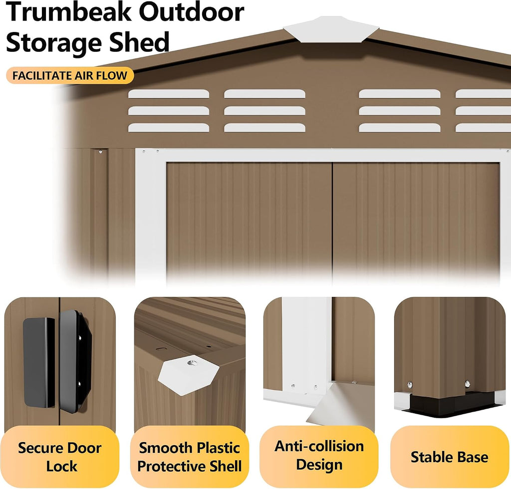 8x6FT Outdoor Storage Shed with Floor,Lockable Sliding Doors Outdoor Waterproof Tool Storage Sheds,Metal Storage Shed for Garden, Patio, Backyard(Brown)
