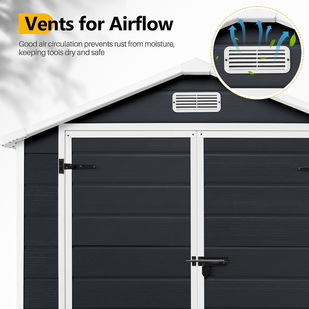 HUGROVE 6×4ft Outdoor Storage Shed with Floor, Waterproof & UV-Resistant Resin Garden Shed for Backyard with Lockable Double Doors, Air Vents & Side Window (Dark Gray)