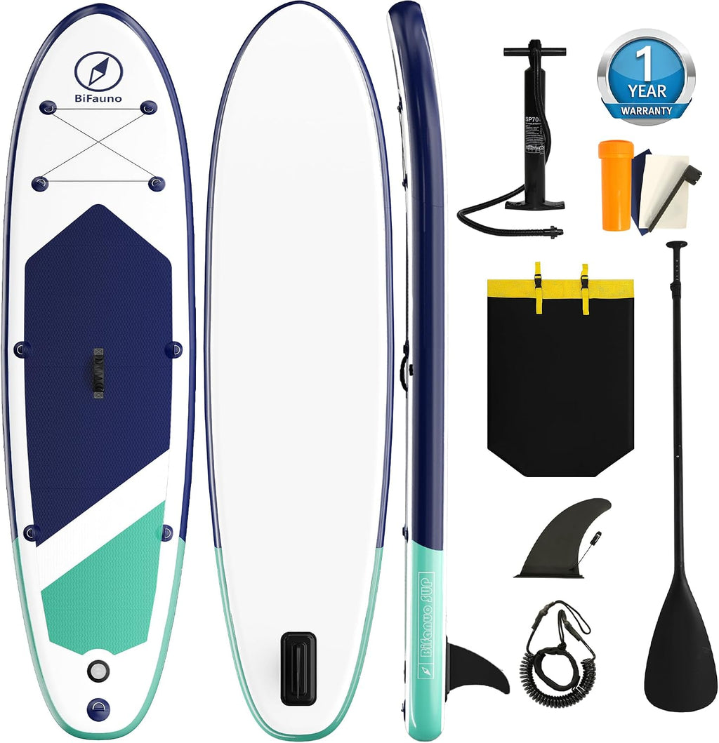 Bifanuo Inflatable Stand Up Paddle Board with SUP Accessories & Backpack. Paddle Boards for Adults. Non-Slip Deck, Wide Stance, Bottom Fin, Double Action Pump.