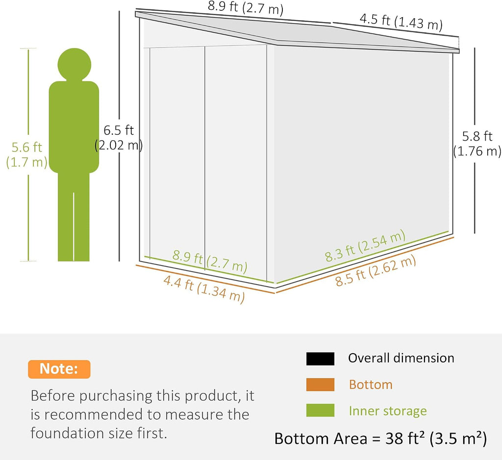 Outsunny 4.6' x 9' Steel Outdoor Storage Shed, Waterproof Lean to Shed, Metal Garden Tool House with Foundation Kit, Lockable Doors, Gloves and 2 Air Vents for Backyard, Patio, Lawn, Gray