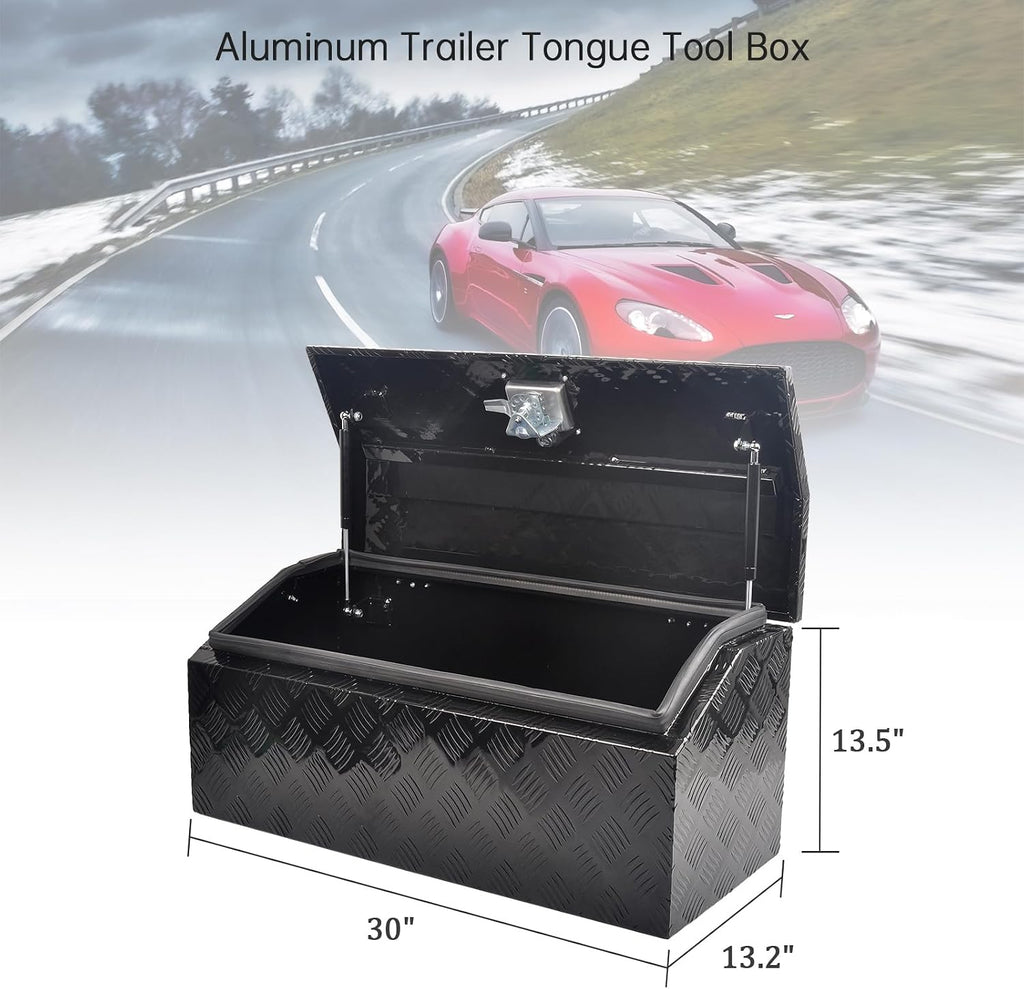 30'' Inch Aluminum Trailer Tongue Tool Box Truck Bed Toolbox Underbody Storage Organizer Waterproof Square Storage Organizer with Lock and Keys Black(‎30' L x 13.2' W x 13.5' H)