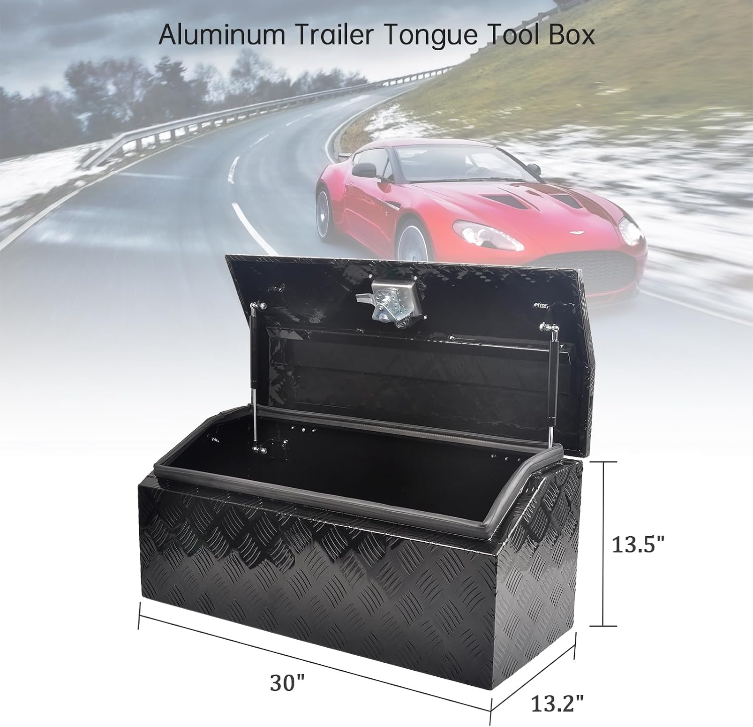 30'' Inch Aluminum Trailer Tongue Tool Box Truck Bed Toolbox Underbody Storage Organizer Waterproof Square Storage Organizer with Lock and Keys Black(‎30' L x 13.2' W x 13.5' H)