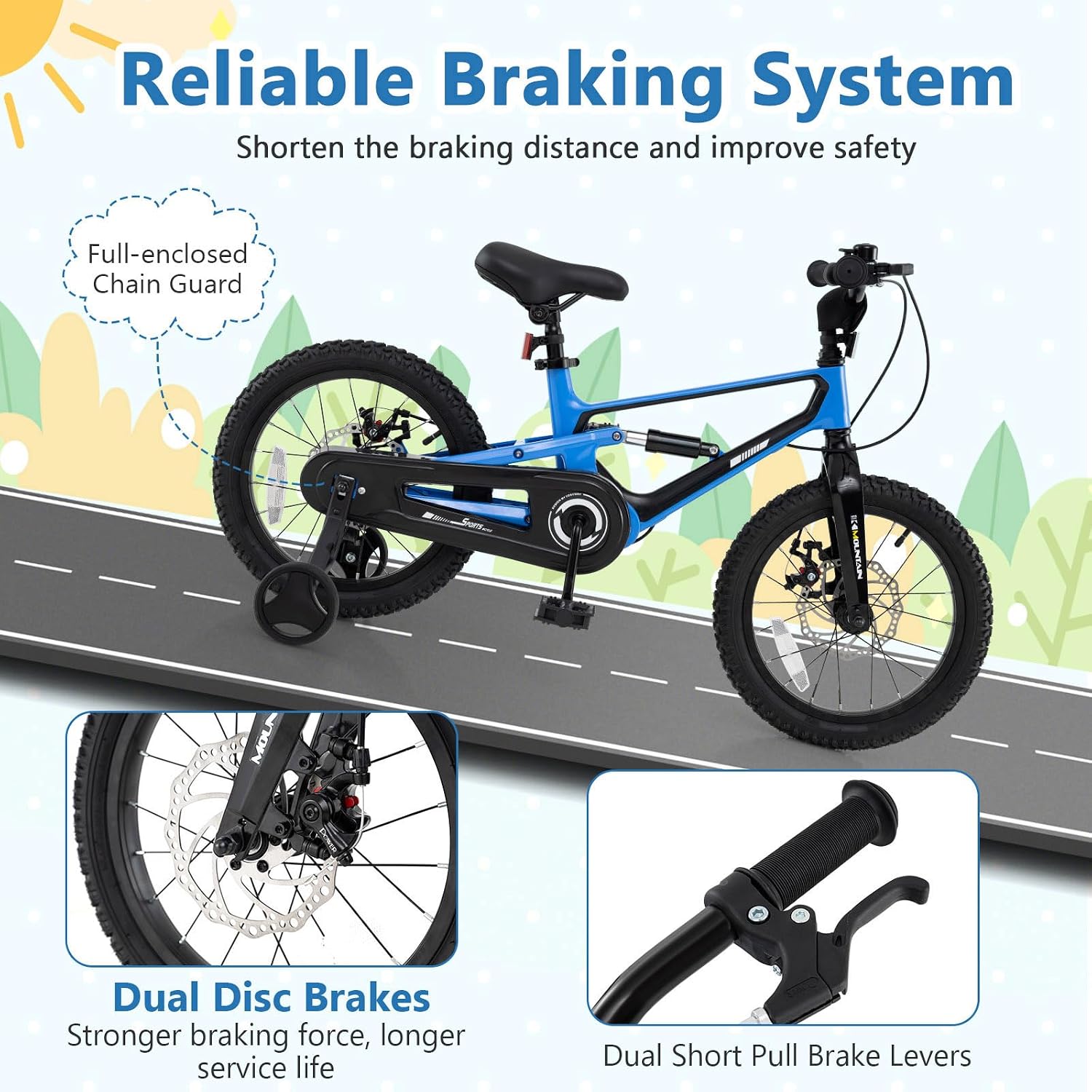 BABY JOY Kids Bike, 16' Magnesium Sporty Bicycle with Dual Disc Brakes, Removable Training Wheels, Body Suspension, Adjustable Handlebar & Saddle, Girls Boys Bike