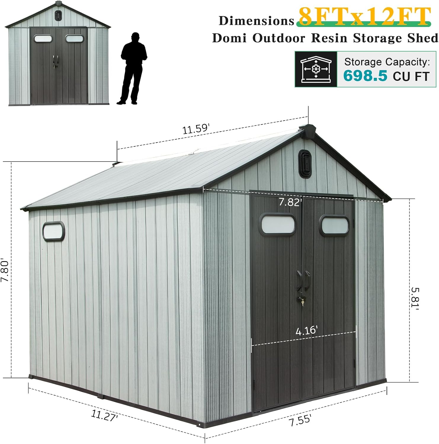 Domi 8' x12' Outdoor Resin Storage Shed with Lockable Door, Waterproof Outside Sheds with Windows & Vents, Heavy-Duty Plastic Tool Storage Shed for Patio Furniture, Lawn Mower, Bike