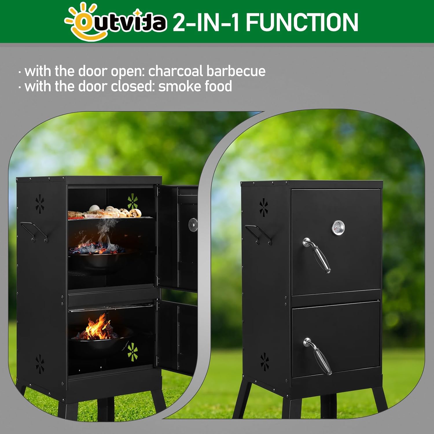 Vertical Charcoal Smoker with Double Doors & 2 Detachable Grill Racks – Outdoor BBQ Smoker Oven with Adjustable Air Vents, Thermometer & Water Pan – Heavy-Duty Camping/Backyard Grill (40.5x39x