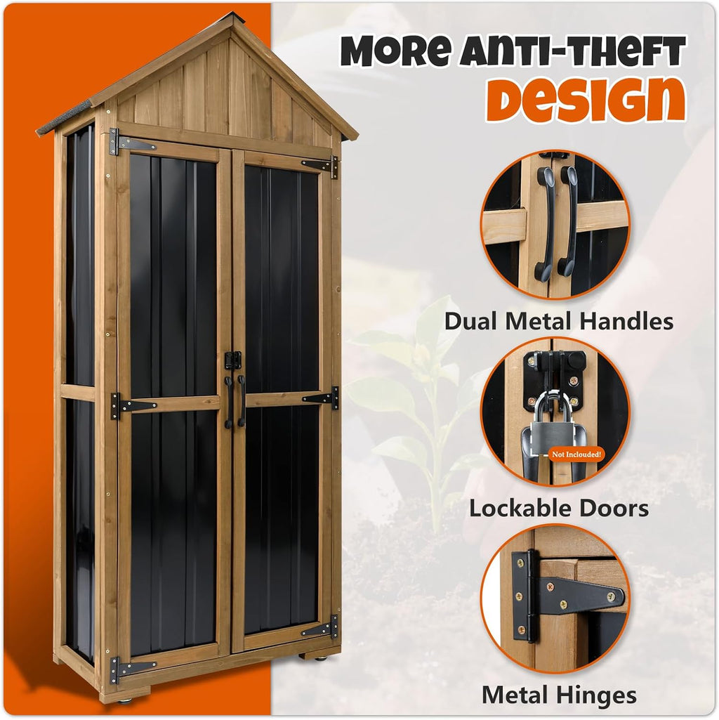 Outdoor Storage Cabinet with Shelves, Wood & Metal Storage Shed with Weatherproof Roof, 3 Removable Shelves, Double Lockable Doors, Adjustable Feet, Outside Storage Cabinet for Garage,Backyard, Patio