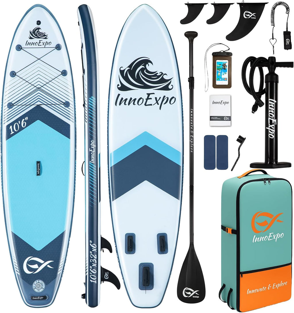 InnoExpo Inflatable Stand Up Paddle Boards with Premium Accessories, Wide Stable SUP Paddle Board Design, Non-Slip Comfort Deck for Youth & Adults