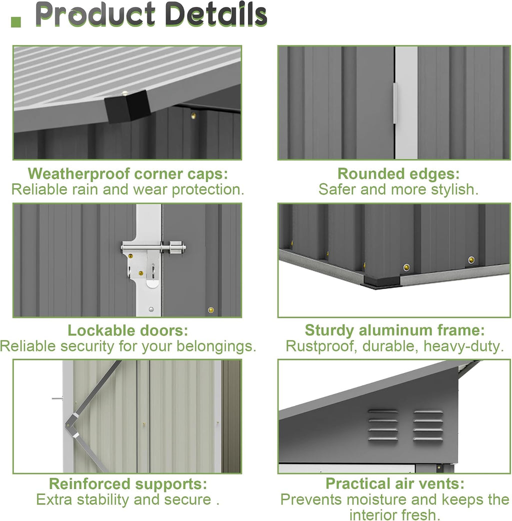 Outdoor Metal Storage Shed 4 x 8 ft, Garden Shed Lean to shed for Bike, Tool Outside Shed with Floor Base, Lock, Door for Backyard, Patio, Lawn, Grey