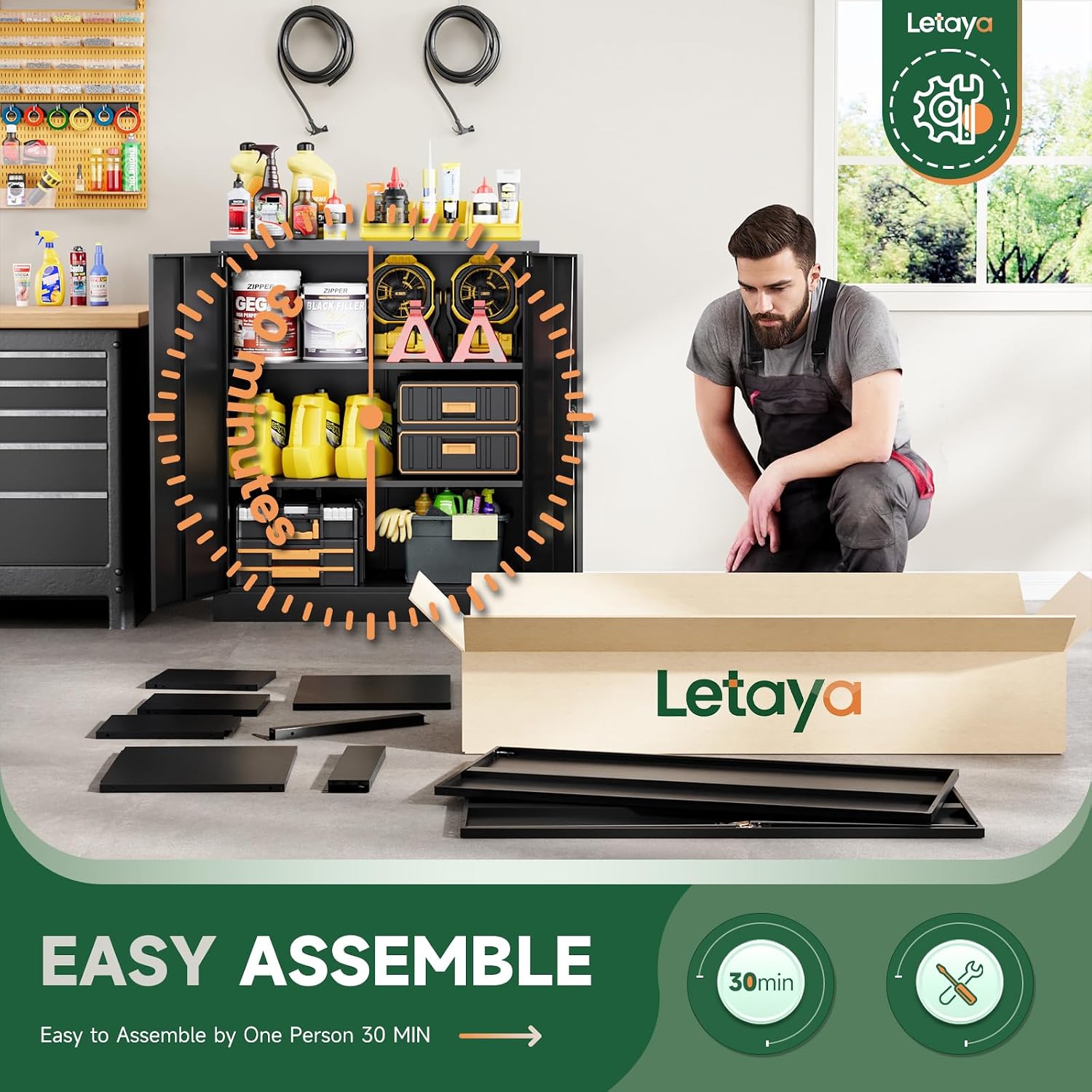 Letaya Metal Storage Cabinets with Lock Door,2 Adjustable Shelves Organizer Steel Storage Cabinets for Home,Office,Warehouse,Garage,Employee Lockers(Black)