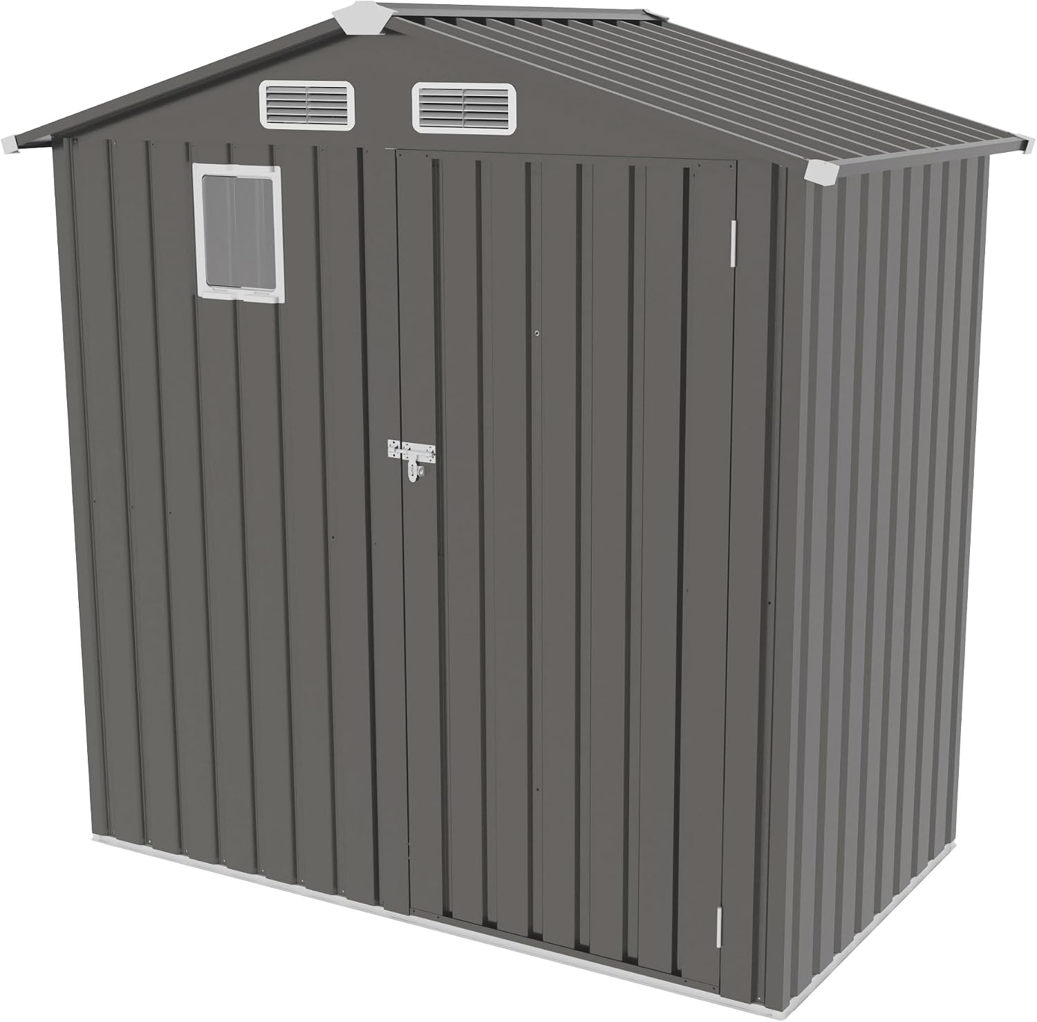 6×3.6 FT Outdoor Tool Shed with Peaked Roof Waterproof, Metal Tool Shed with Lockable Door and Clear Window, Galvanized Steel Storage Shed with Ventilation, Compact Utility Storage Shed,Gray
