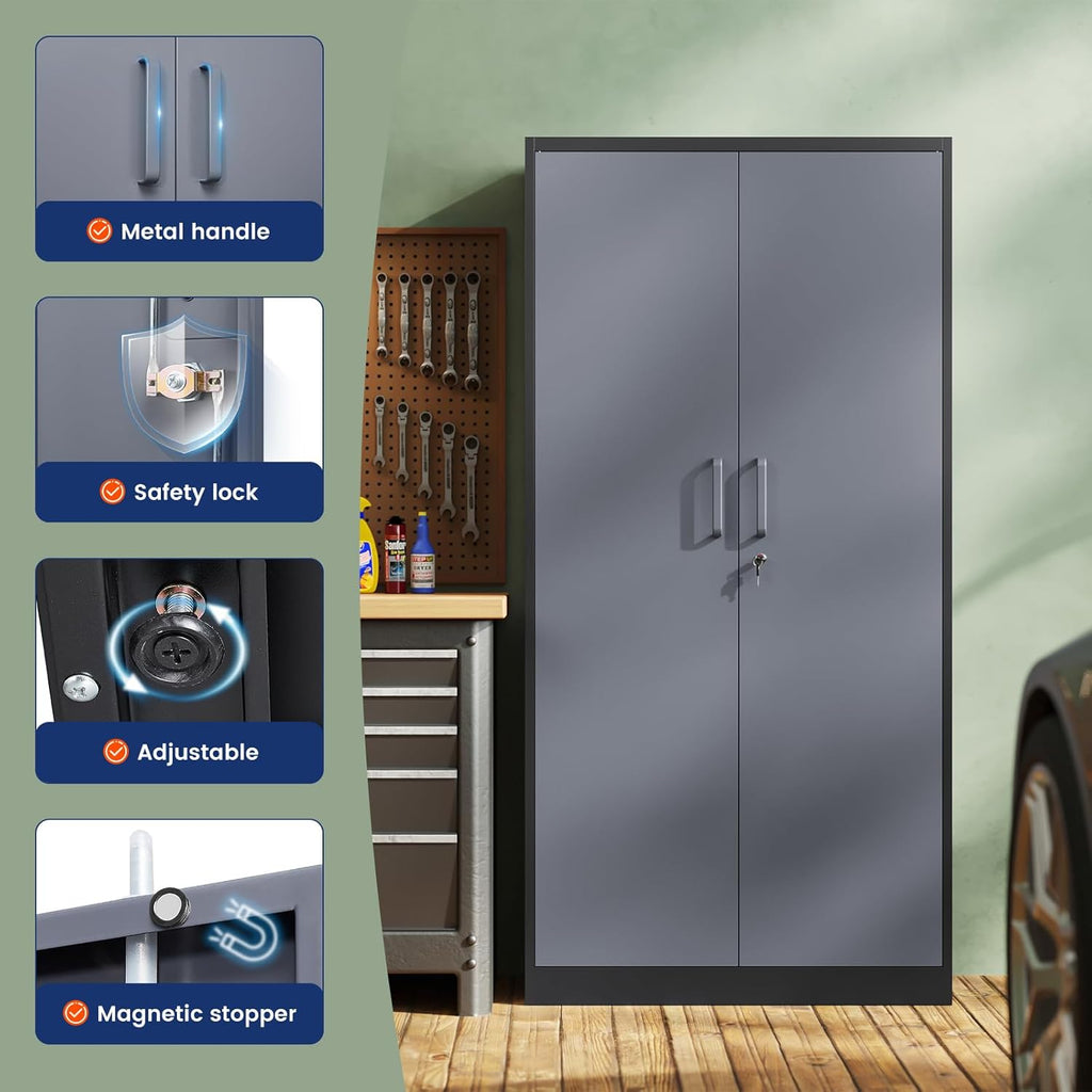 Yizosh Metal Garage Storage Cabinet with 2 Doors and 5 Adjustable Shelves - 71' Steel Lockable File Cabinet,Locking Tool Cabinets for Office,Home,Garage,Gym,School (Gray Black)