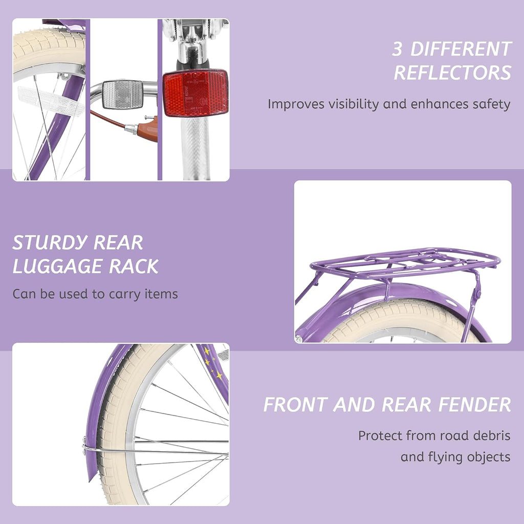 Girls Bikes Ages 8-12, 20 Inch Girls Bike Kids Bicycle with Basket, Lightweight Kids' Bicycles with Front and Rear Brakes, Cruiser Bike for Children, Multiple Colors