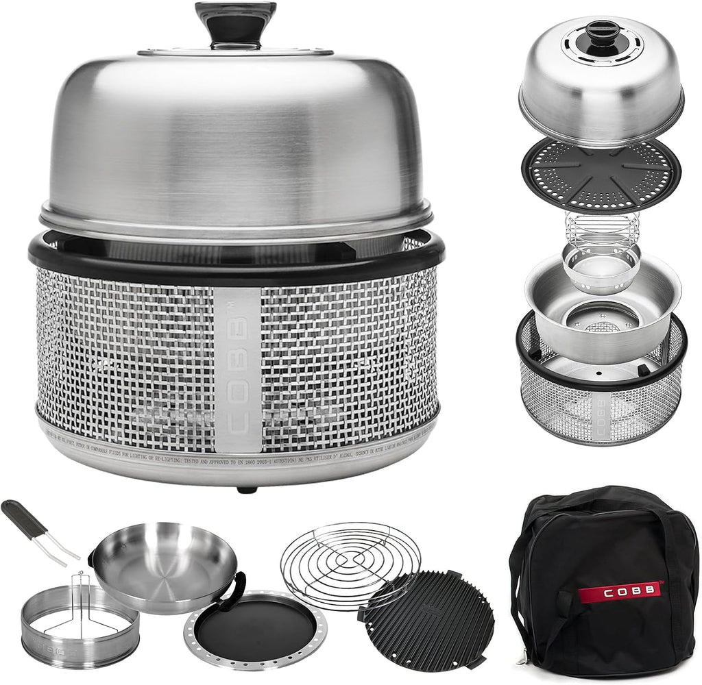 COBB Stainless Steel Smokeless Portable Table Top Charcoal Grill with Griddle Pan, 10 in 1 BBQ Grill for Camping, Boats & Rv, Outdoor Kitchen In A Box (Accessories Included)
