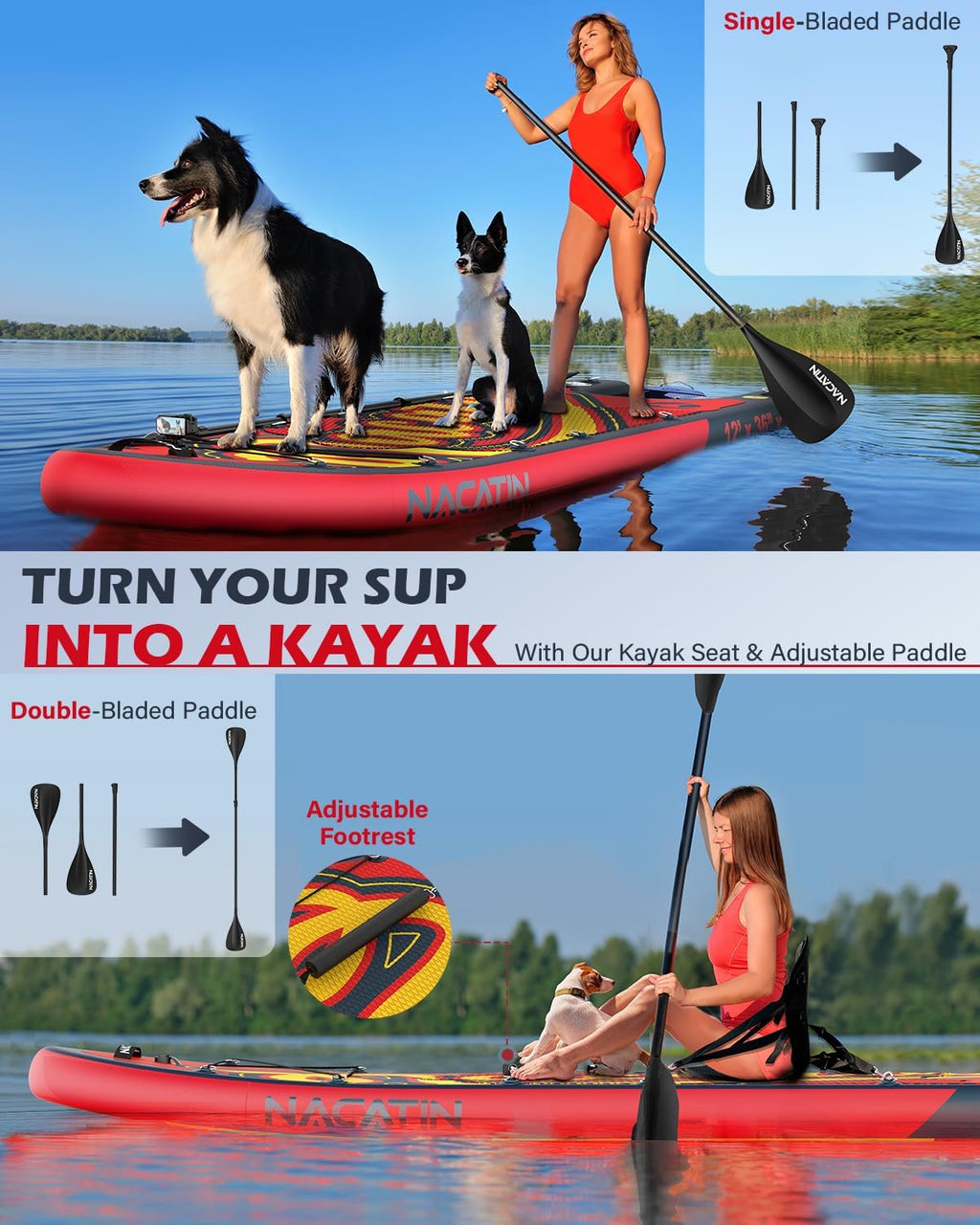 NACATIN Inflatable Stand Up Paddle Board - Premium SUP Board with Dog Ramp Kit, Complete SUP Set Paddle Boards for Adults with Single/Double Paddle, Kayak Seat, Suitable for Paddle Boarding with Dog