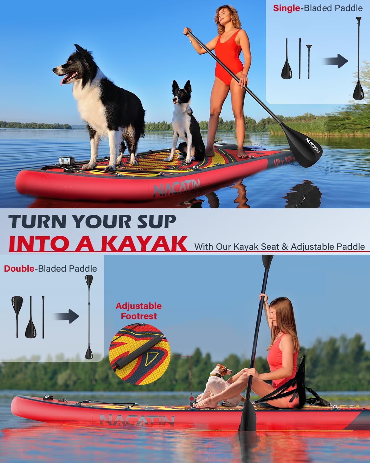 NACATIN Inflatable Stand Up Paddle Board - Premium SUP Board with Dog Ramp Kit, Complete SUP Set Paddle Boards for Adults with Single/Double Paddle, Kayak Seat, Suitable for Paddle Boarding with Dog